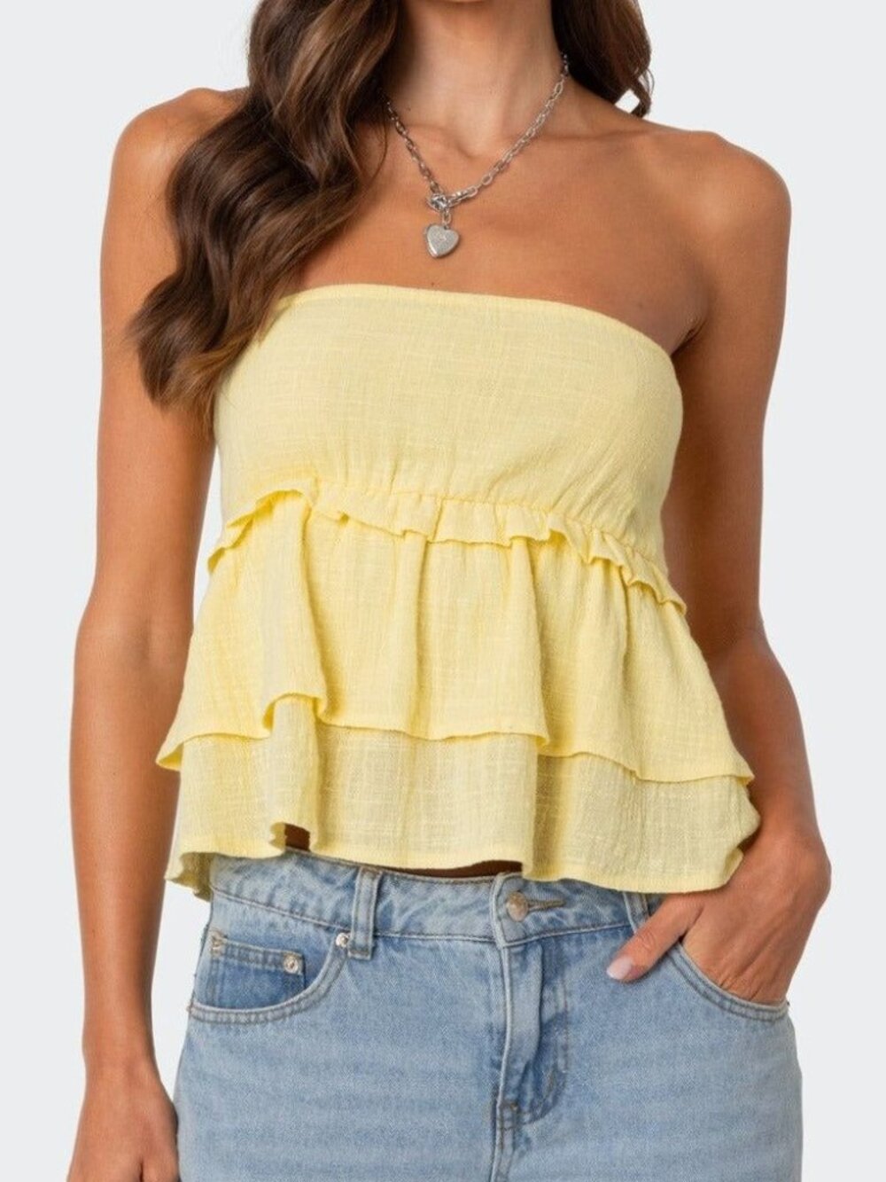 Edikted Yellow Strapless Ruffle Tiered Tube Top Size M